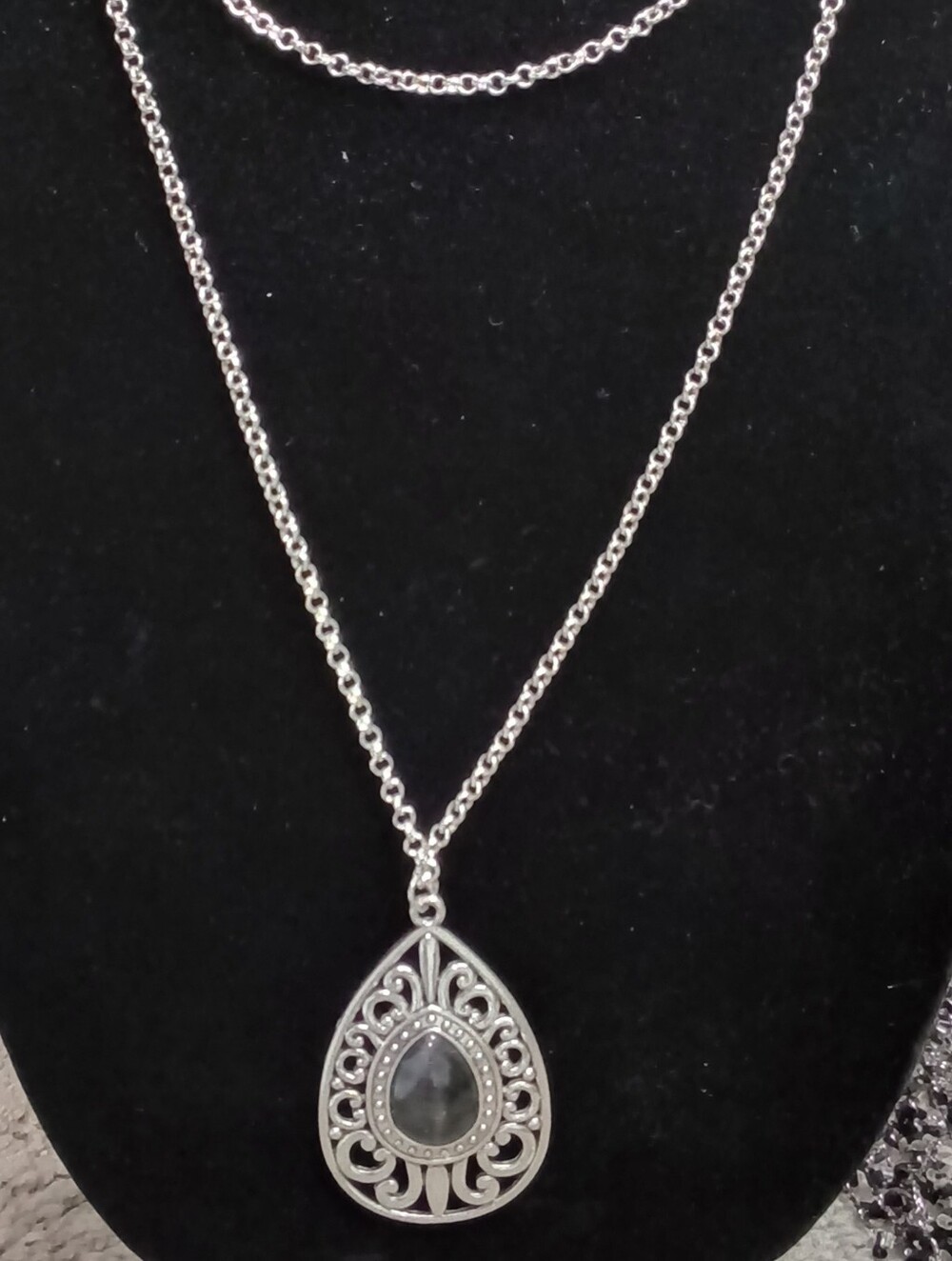 Silver Teardrop Filigree Pendant Necklace - Silver